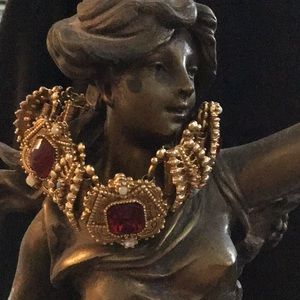 Bejeweled Gold Tone Bracelet Faux Rubies & Pearls